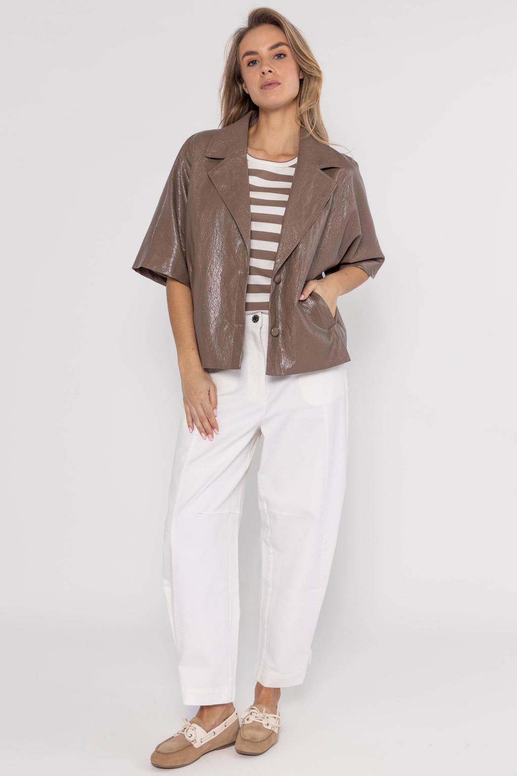 Bruine dames Poools jasje van coated materiaal met effen, half lange mouwen, reverskraag en knoopsluiting