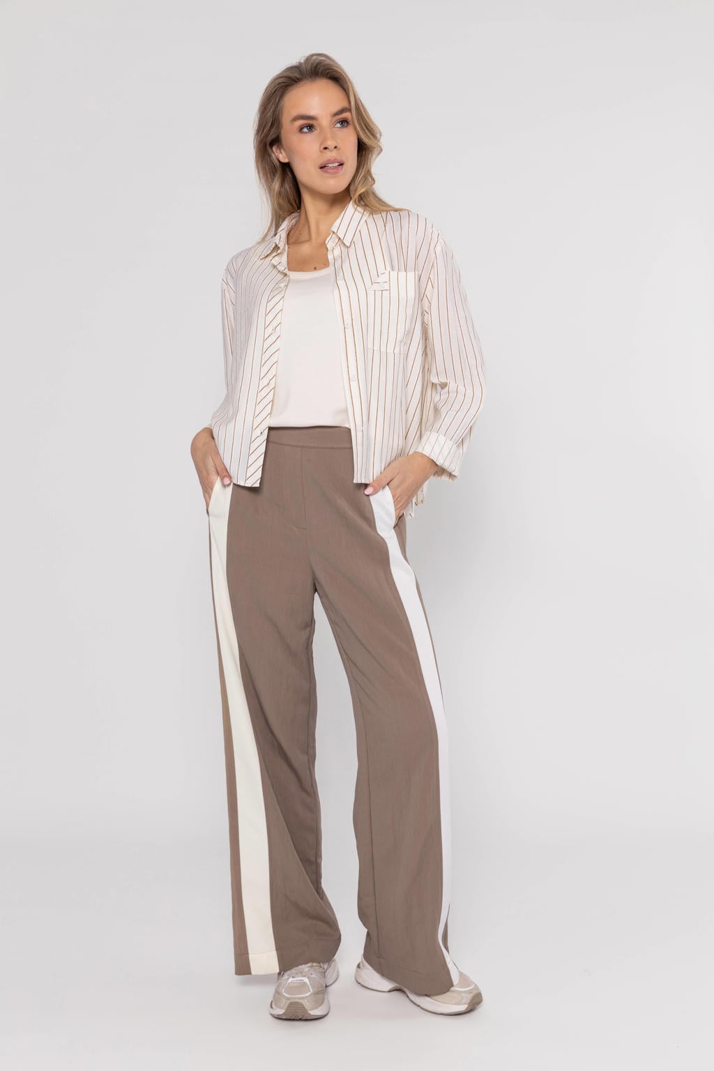 Bruin en ecru dames Poools wide leg high waist gestreepte casual broek