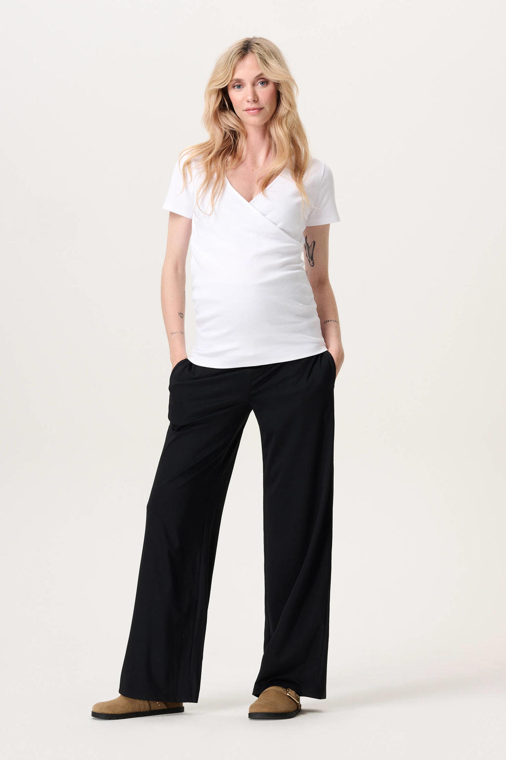 Zwarte dames Noppies maternity wide leg high waist zwangerschaps casual broek met effen
