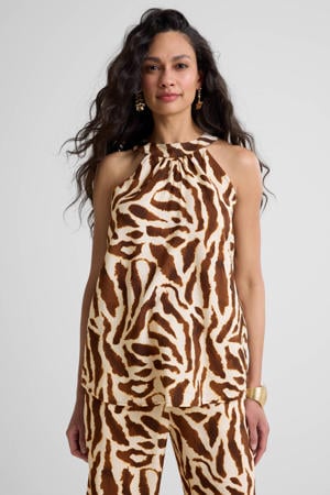 haltertop met zebraprint beige/bruin
