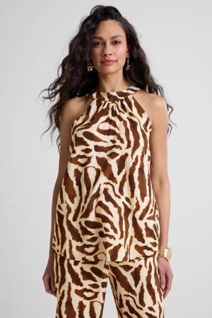haltertop met zebraprint beige/bruin