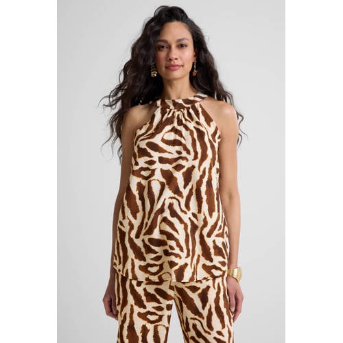 Ruby woven halter top met zebraprint beige/bruin afbeelding