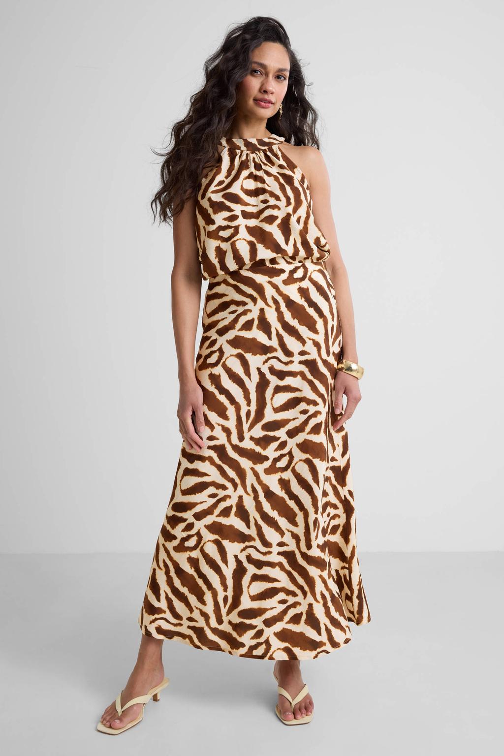 Beige en bruine dames Ruby maxi rok met zebraprint gemaakt van viscose en met ritssluiting
