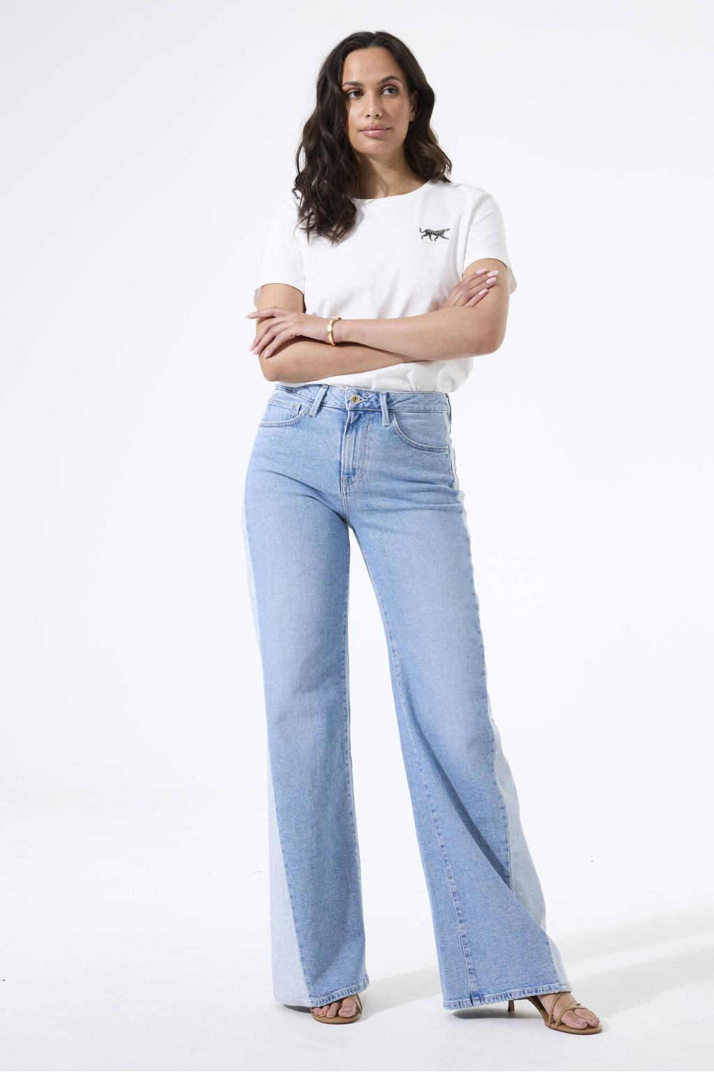 Medium blue denim dames Garcia high waist wide leg jeans wide leg jeans van denim met rits- en knoopsluiting en effen