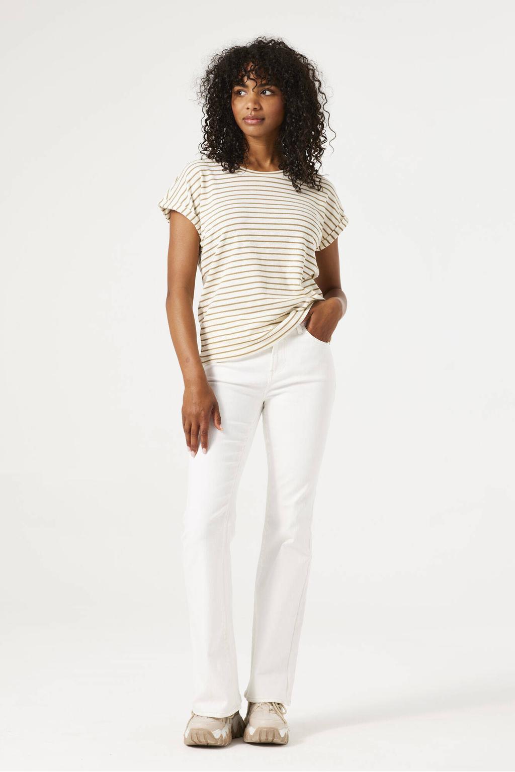 Camel en ecru dames Garcia gestreepte T-shirt van katoen met korte mouwen en ronde hals