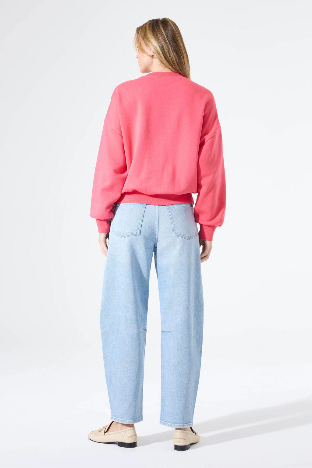 Roze en witte dames Garcia sweater van katoen met tekst print, lange mouwen en ronde hals