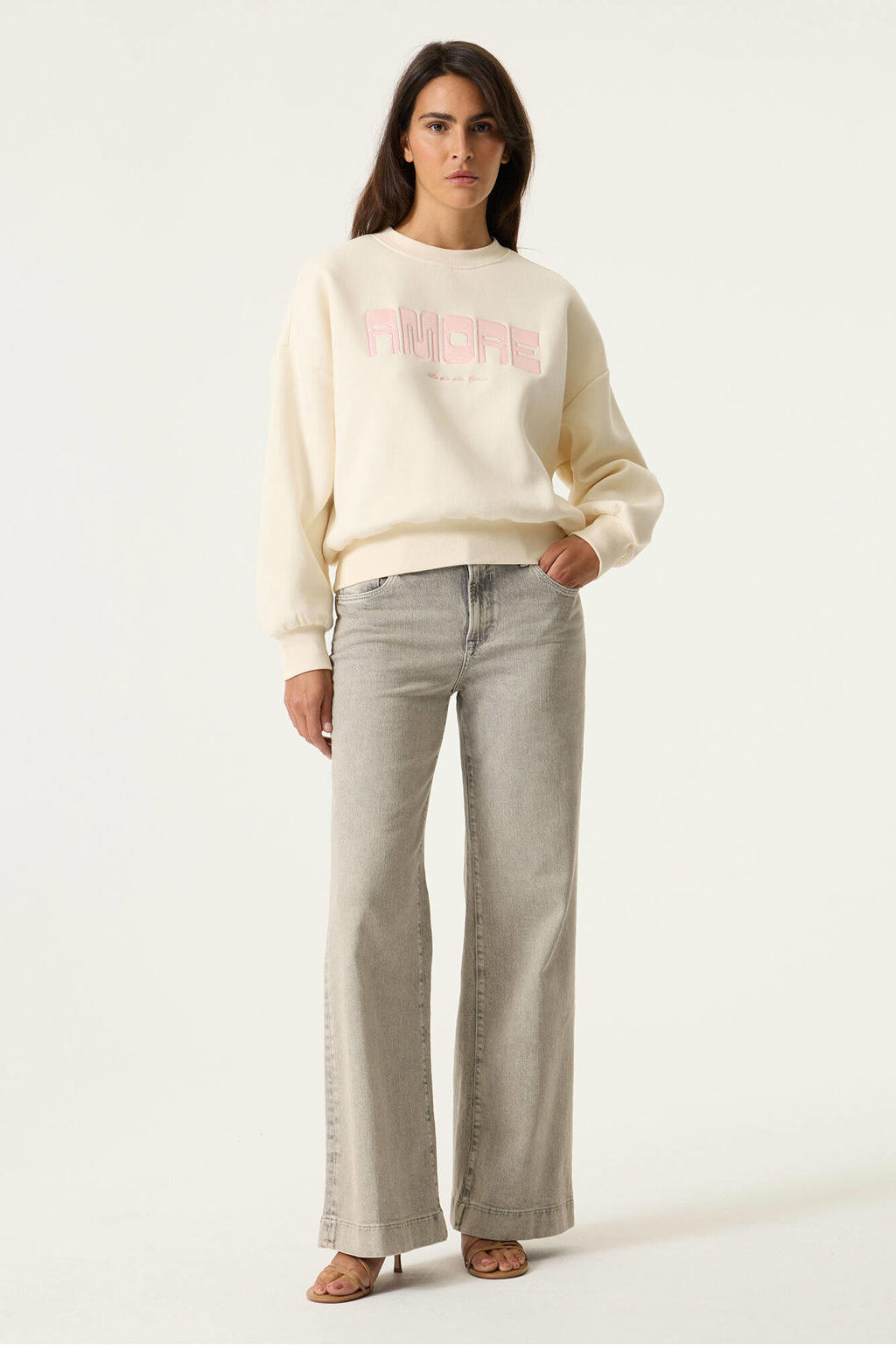 Ecru dames Garcia sweater van katoen met tekst print, lange mouwen en ronde hals