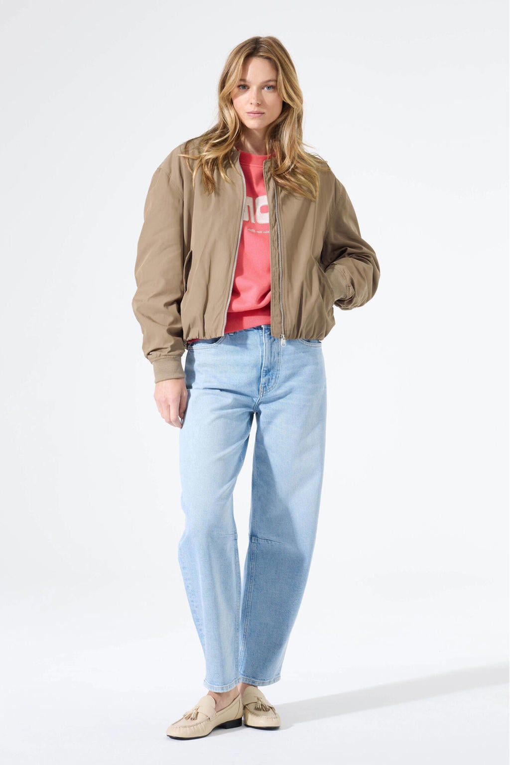 Taupe dames Garcia bomberjack van polyester met effen, lange mouwen, opstaande kraag en ritssluiting