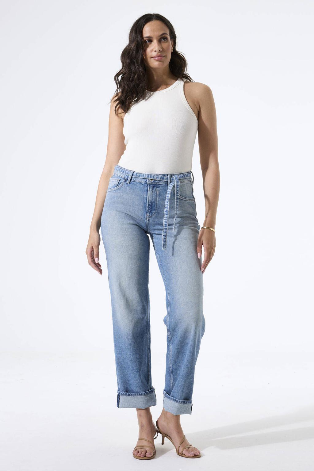 Medium blue denim dames Garcia wide leg jeans van denim met rits- en knoopsluiting en effen
