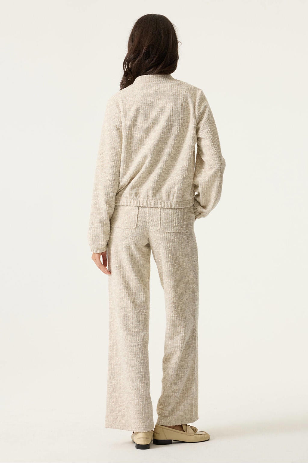 Ecru dames Garcia bomberjack van polyester met effen, lange mouwen, ronde hals, drukknoopsluiting en elastische boord