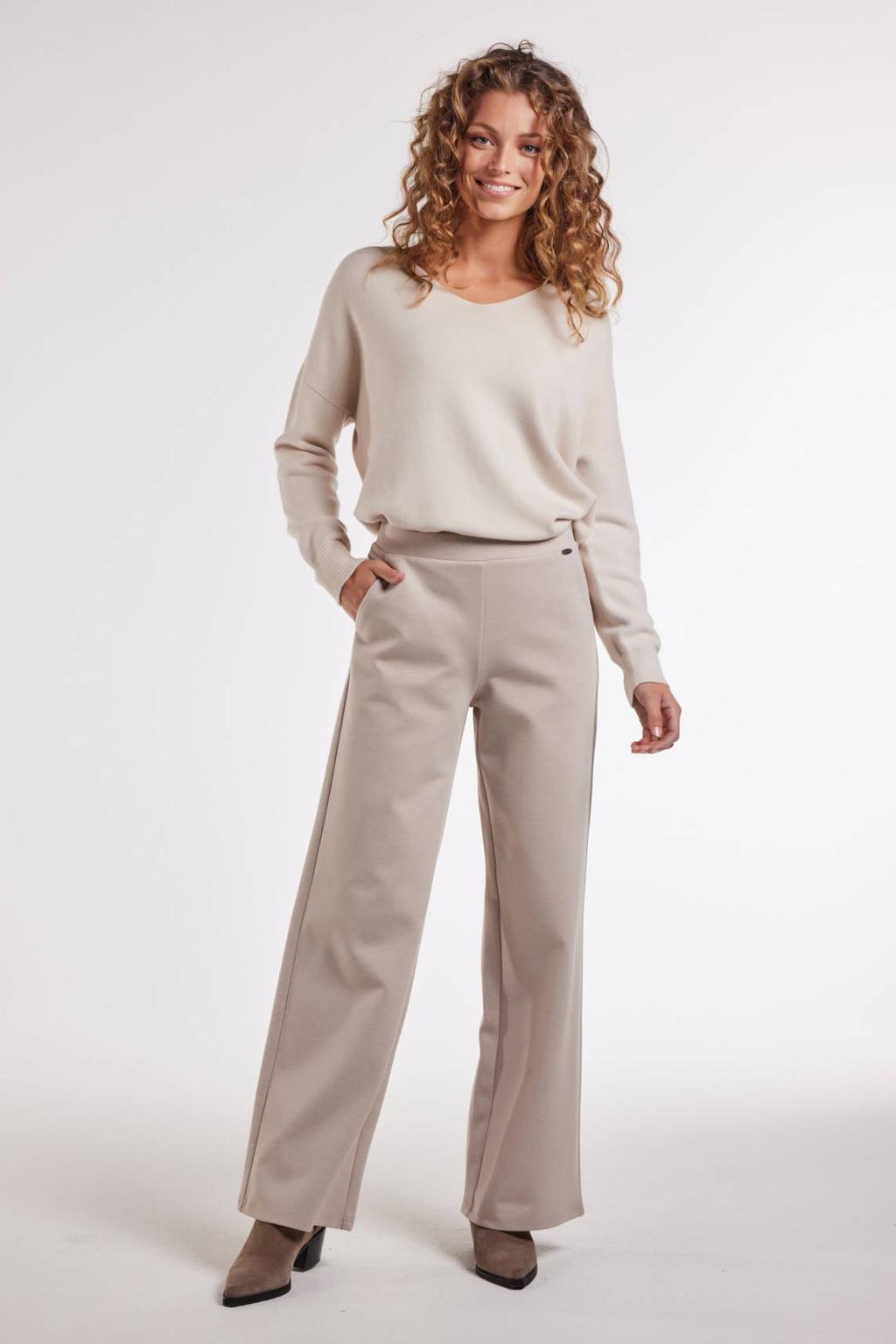 Beige dames Didi wide leg regular waist broek met effen