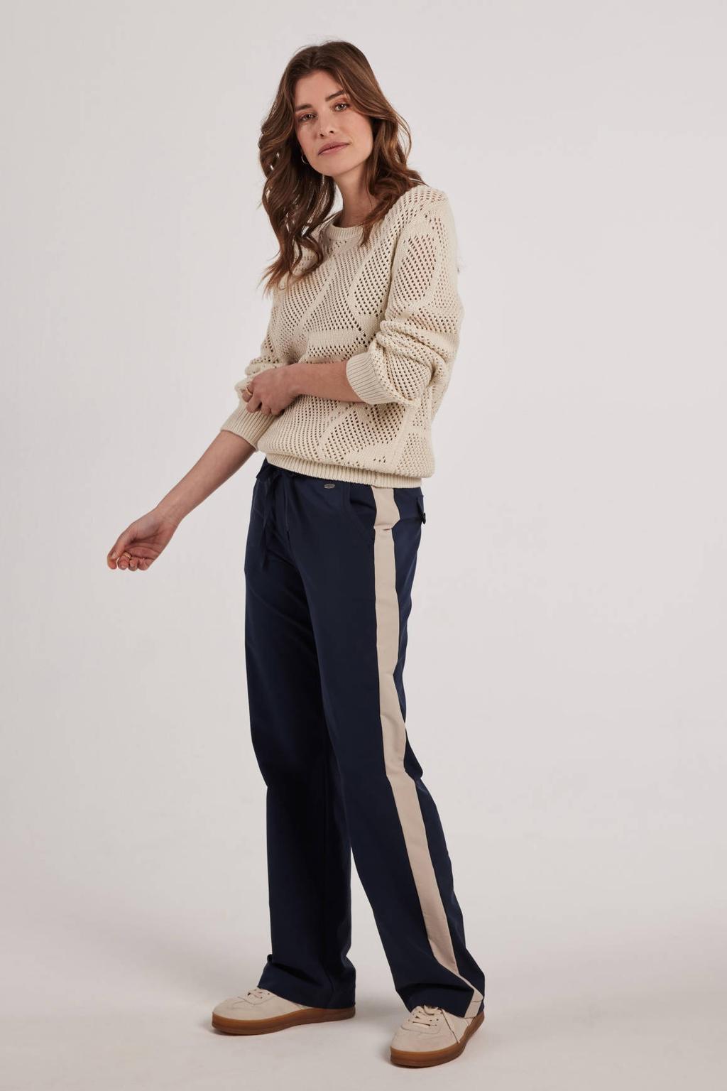 Donkerblauw en beige dames Didi travelstof wide leg high waist gestreepte casual broek met elastische tailleband met koord