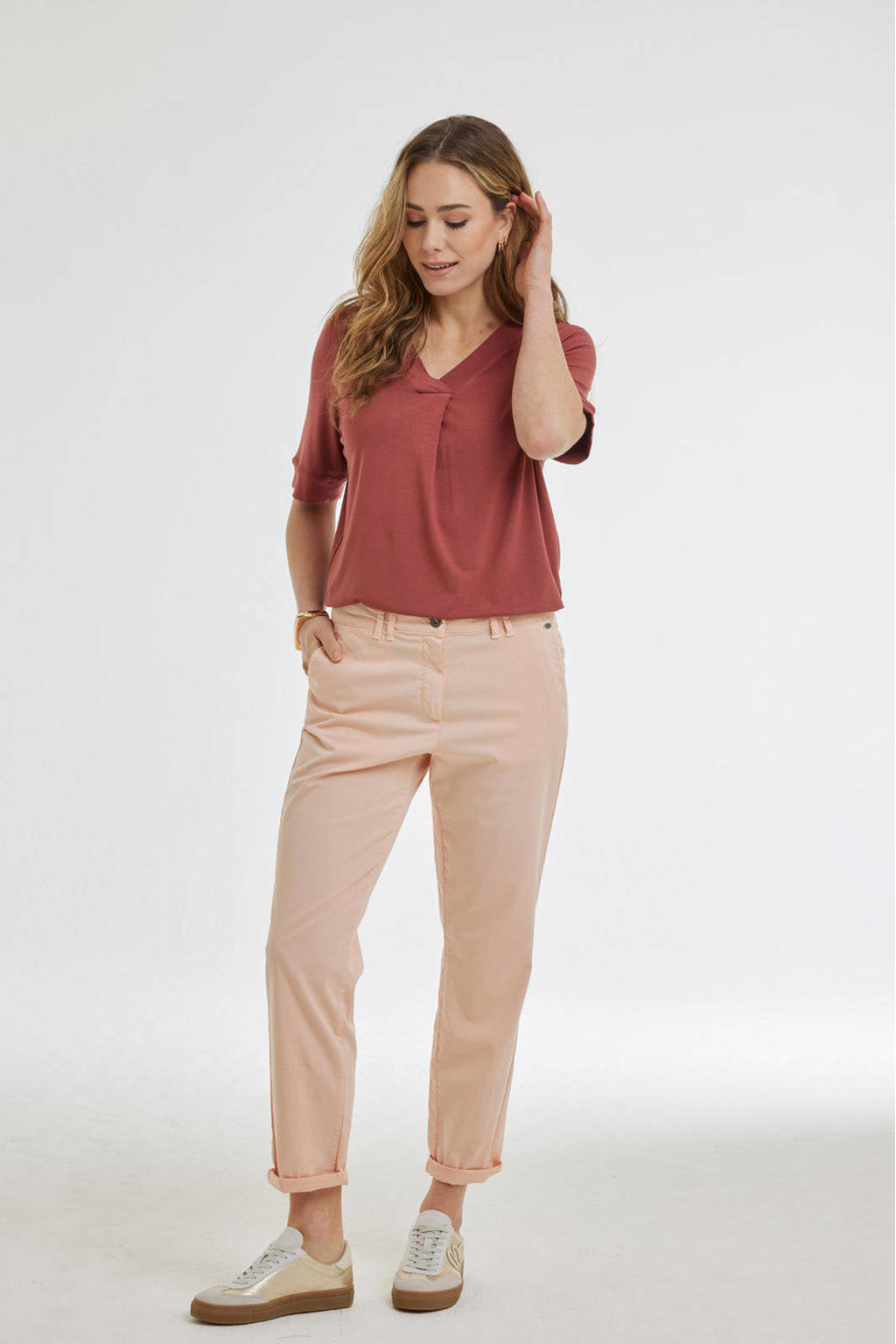 Rode dames Didi T-shirt van viscose met effen, korte mouwen en ronde hals