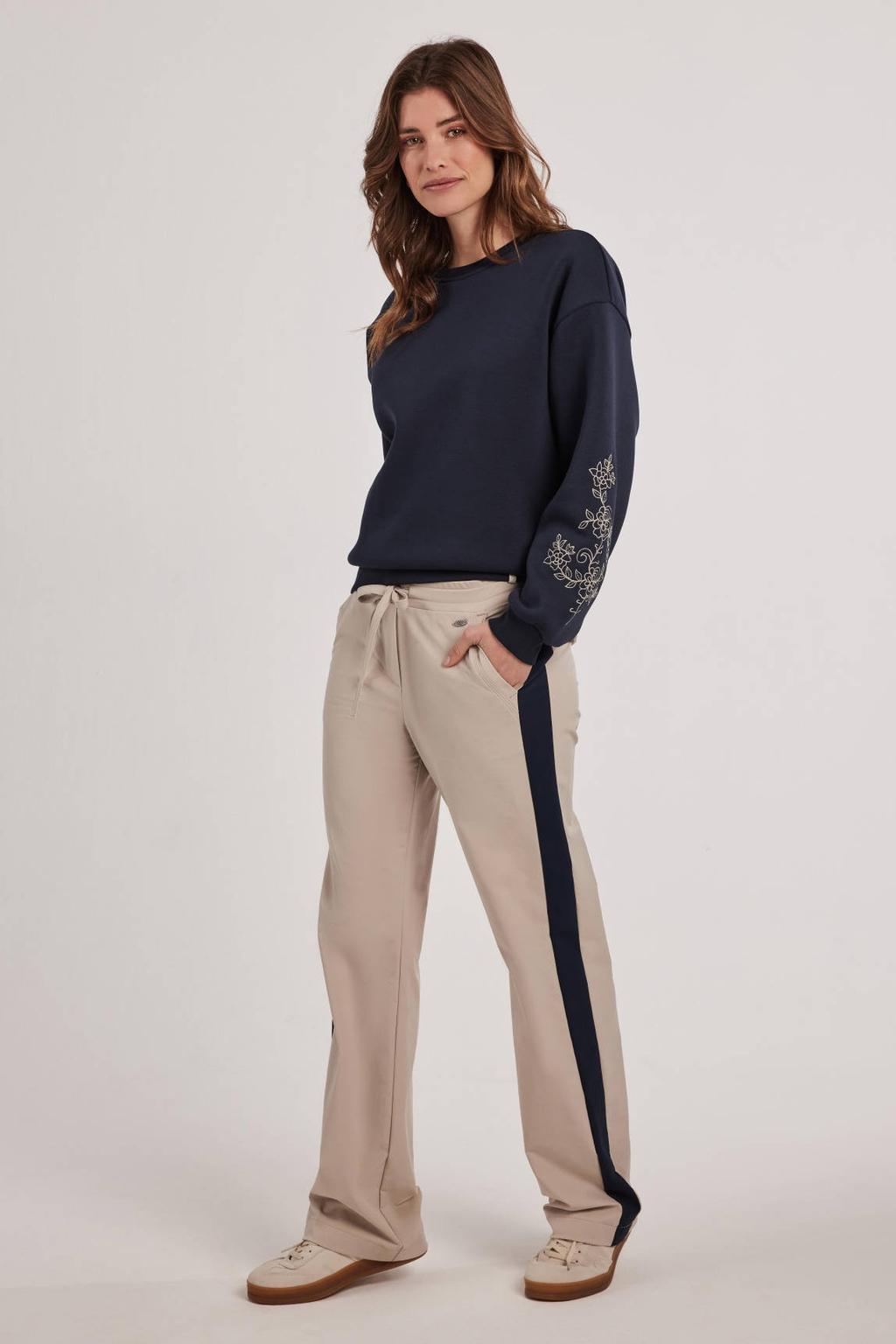 Grijs en donkerblauwe dames Didi travelstof wide leg high waist gestreepte casual broek bruin met elastische tailleband met koord