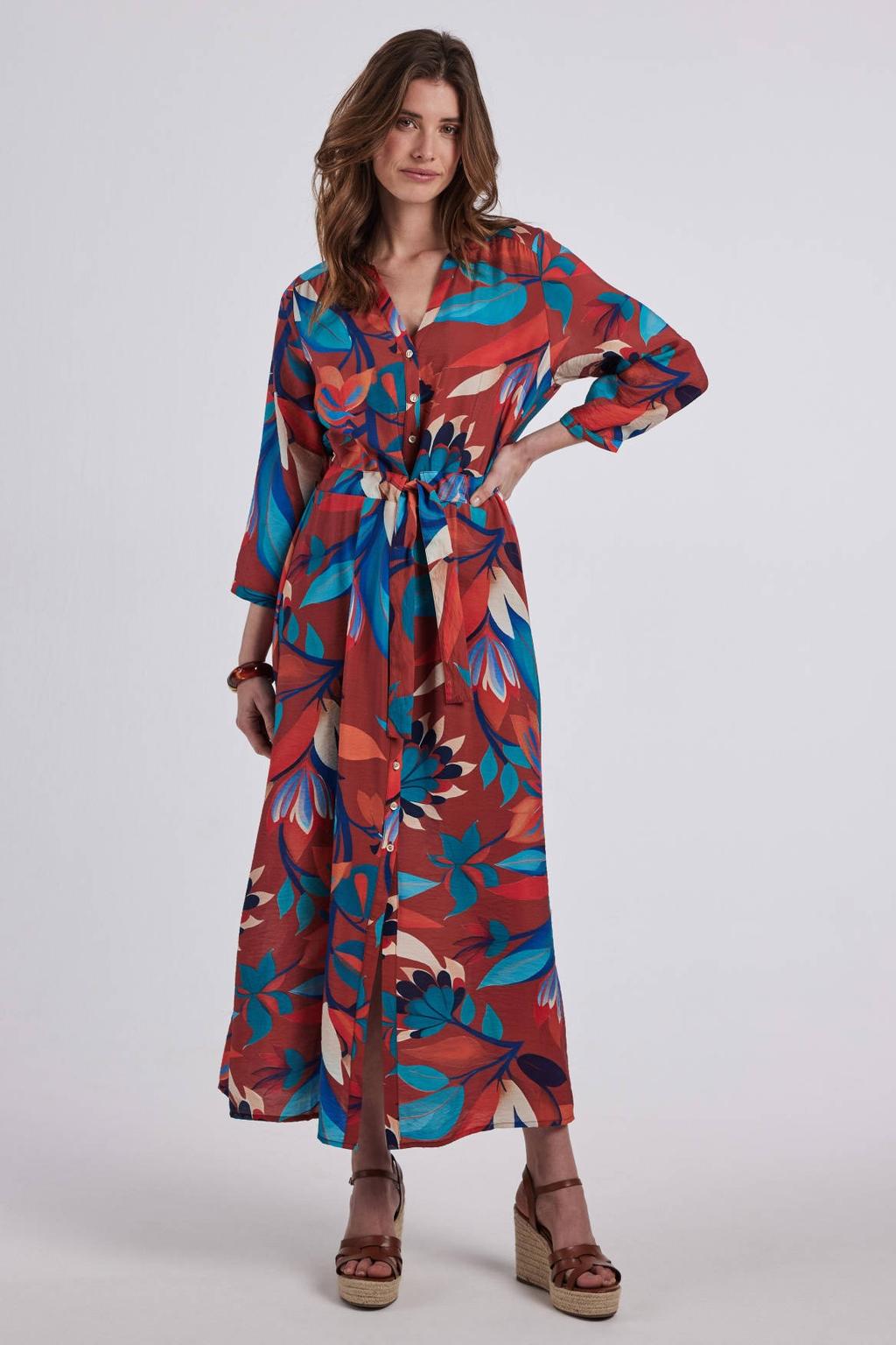 Donkerrode dames Didi maxi jurk van viscose met bladprint, lange mouwen, V-hals en knoopsluiting