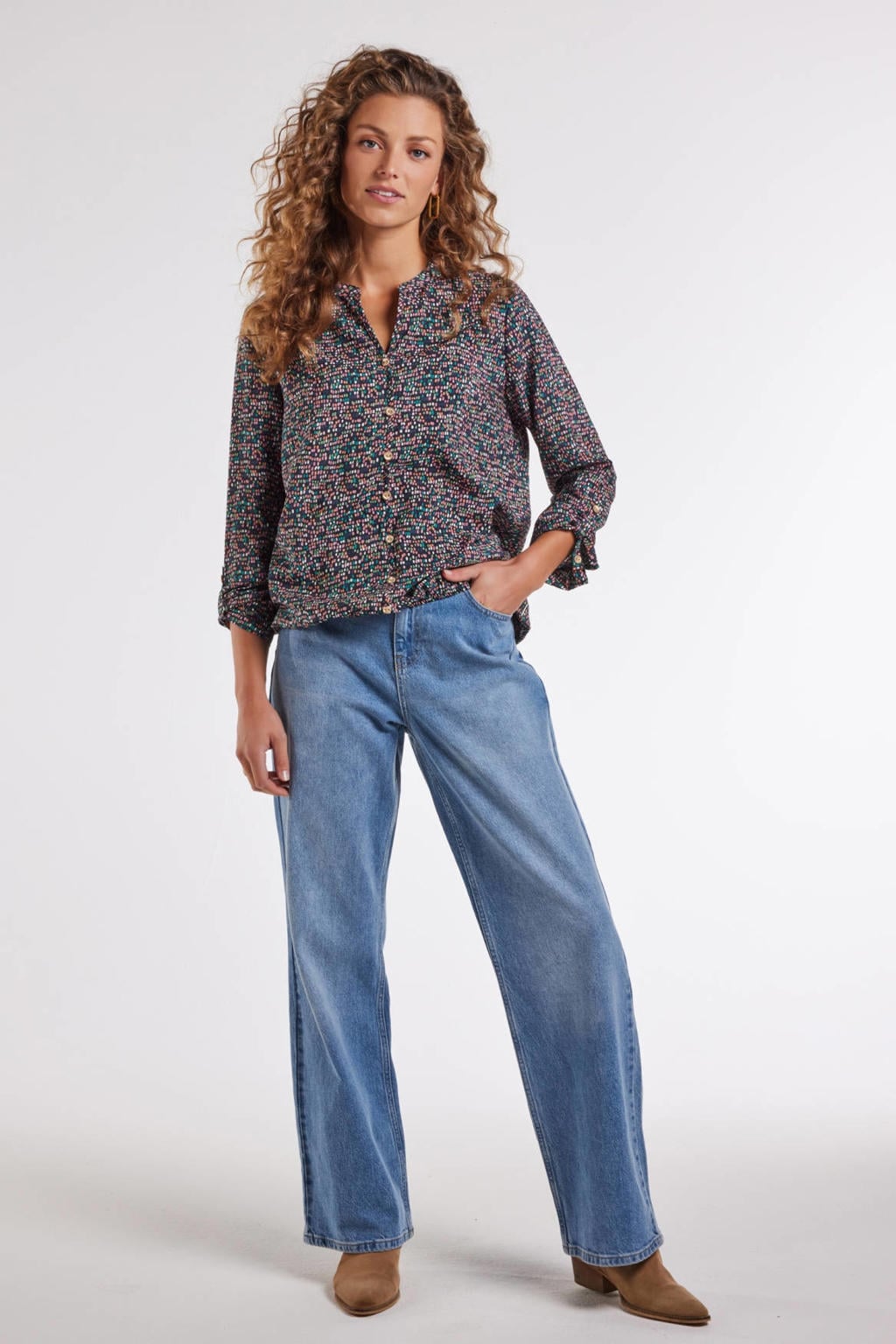 Blauw en multikleurige dames Didi blouse van viscose met stippenprint, lange mouwen, V-hals en knoopsluiting