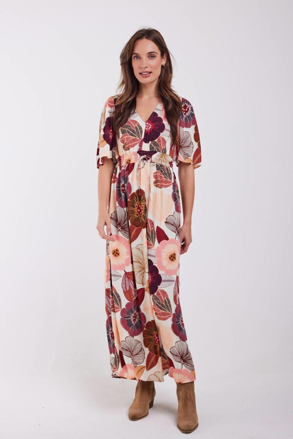 Multikleurige dames Didi gebloemde maxi jurk van viscose met korte mouwen en V-hals