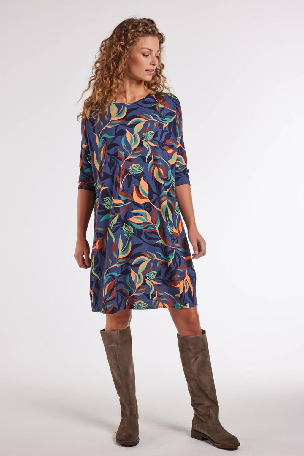 Blauwe dames Didi midi jurk van viscose met bladprint, half lange mouwen en ronde hals