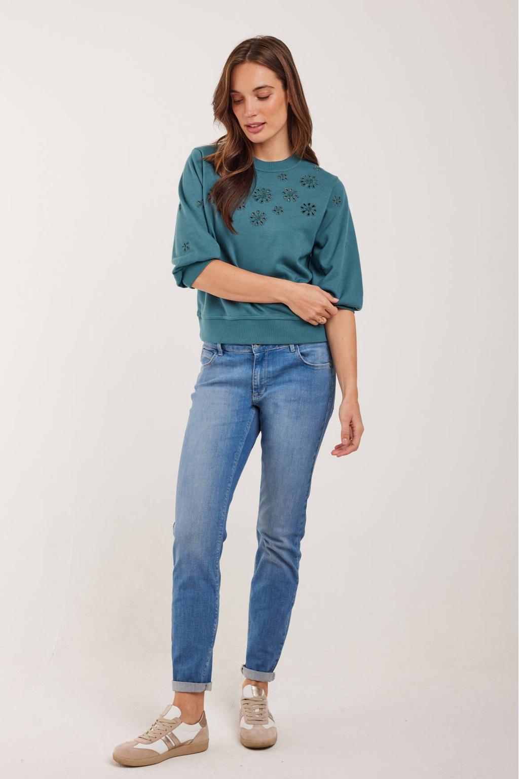 Blauwe dames Didi gebloemde sweater van katoen met driekwart mouwen, ronde hals en geribde boorden