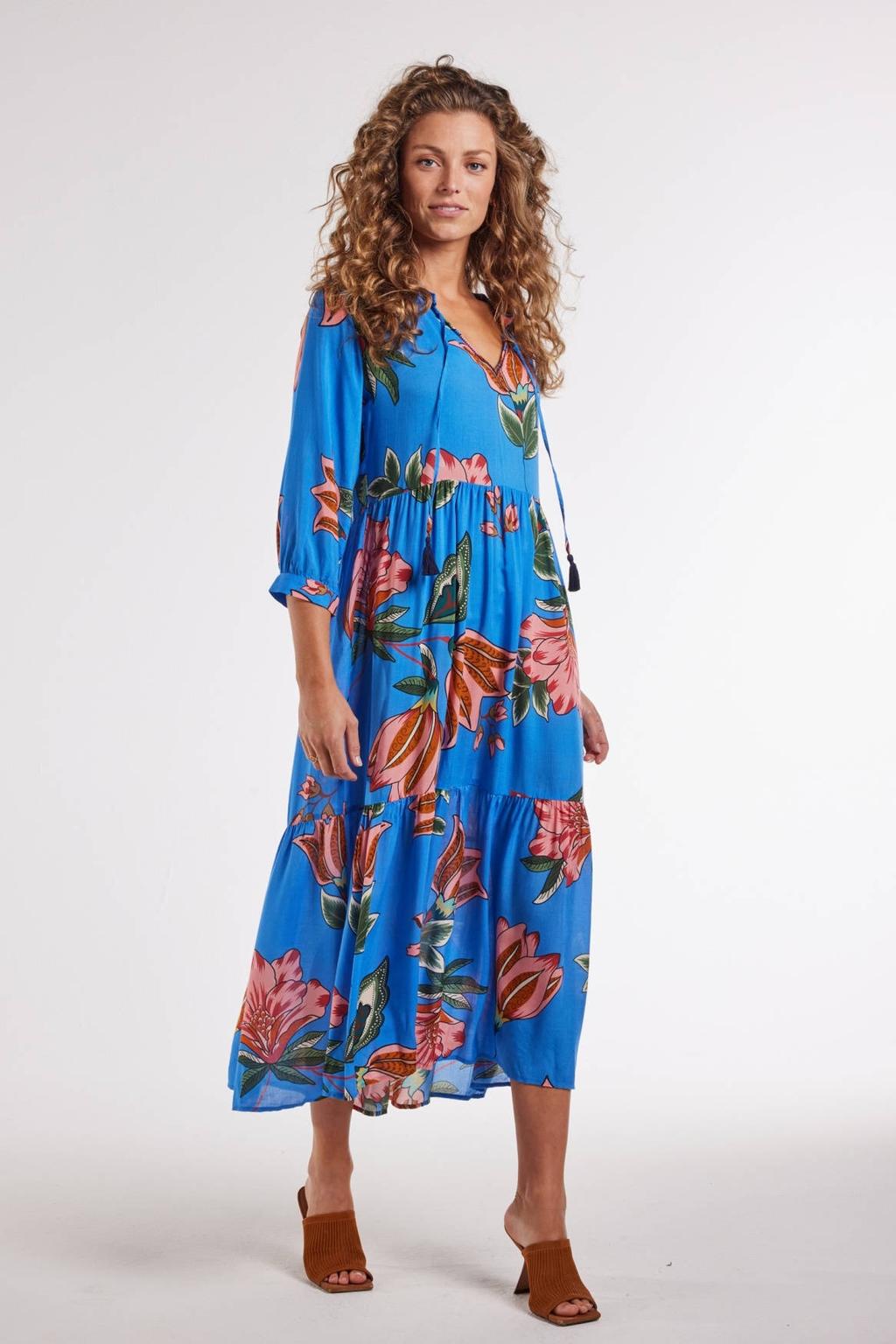 Blauwe dames Didi gebloemde maxi jurk van modal met driekwart mouwen en plooien