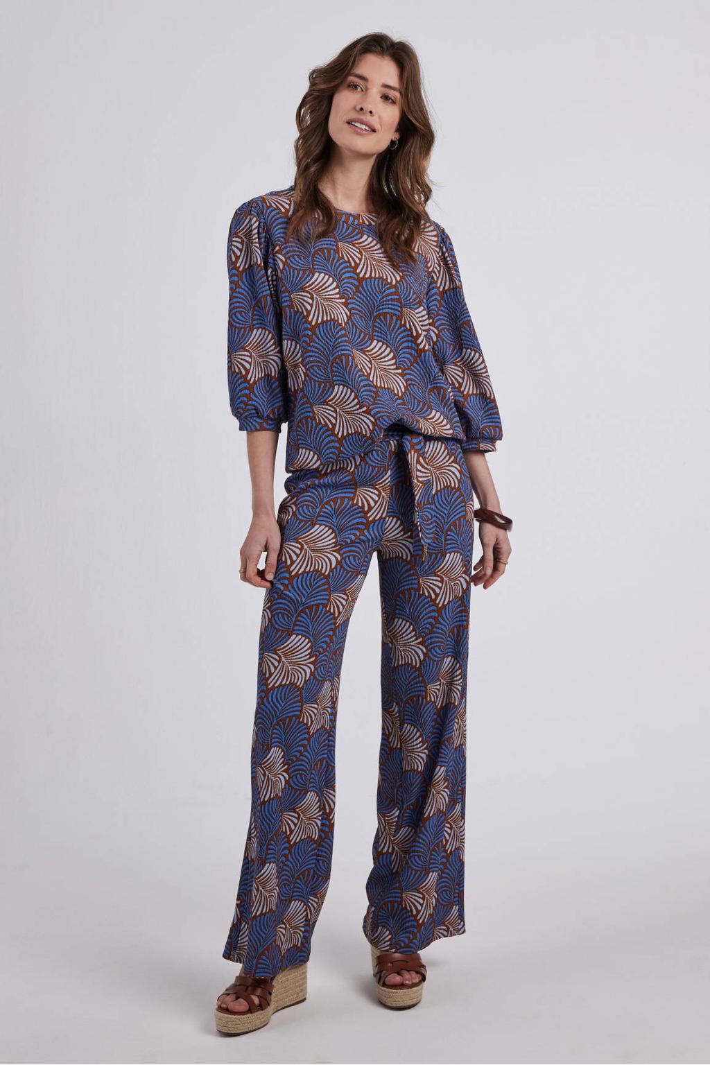 Blauw en bruine dames Didi top van polyester met grafische print, driekwart mouwen en ronde hals