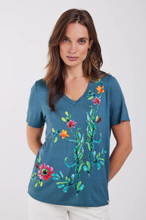 gebloemd T-shirt met backprint blauw