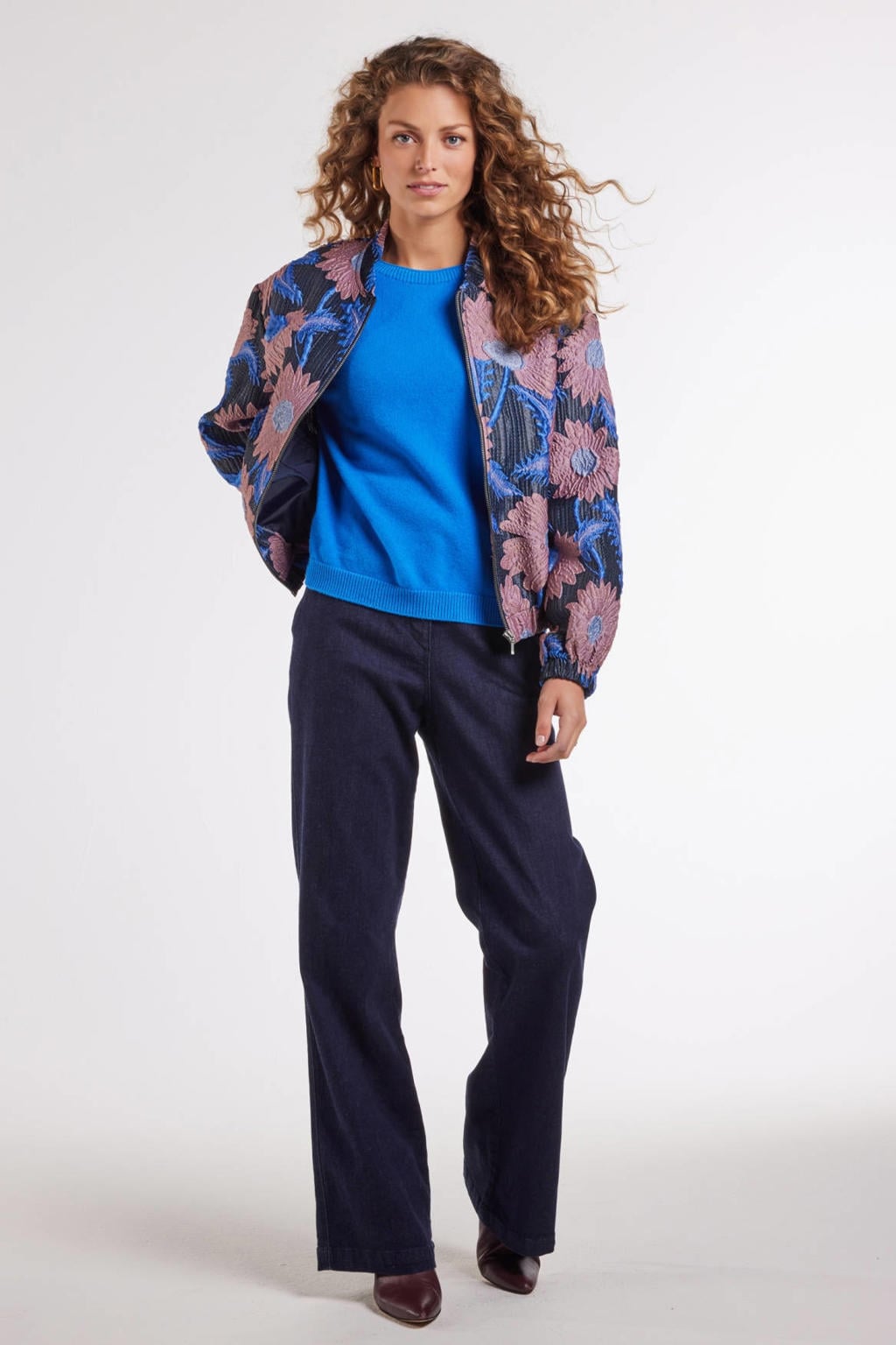 Blauw en roze dames Didi bomberjack van polyester met bloemenprint, lange mouwen, opstaande kraag, ritssluiting en jacquard