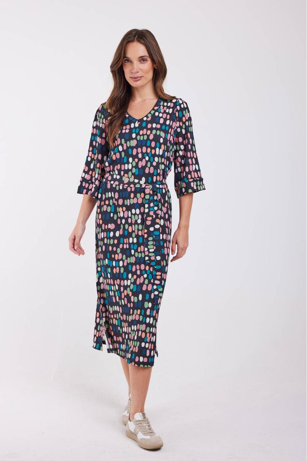 Multikleurige dames Didi midi jurk van polyester met stippenprint, half lange mouwen en V-hals