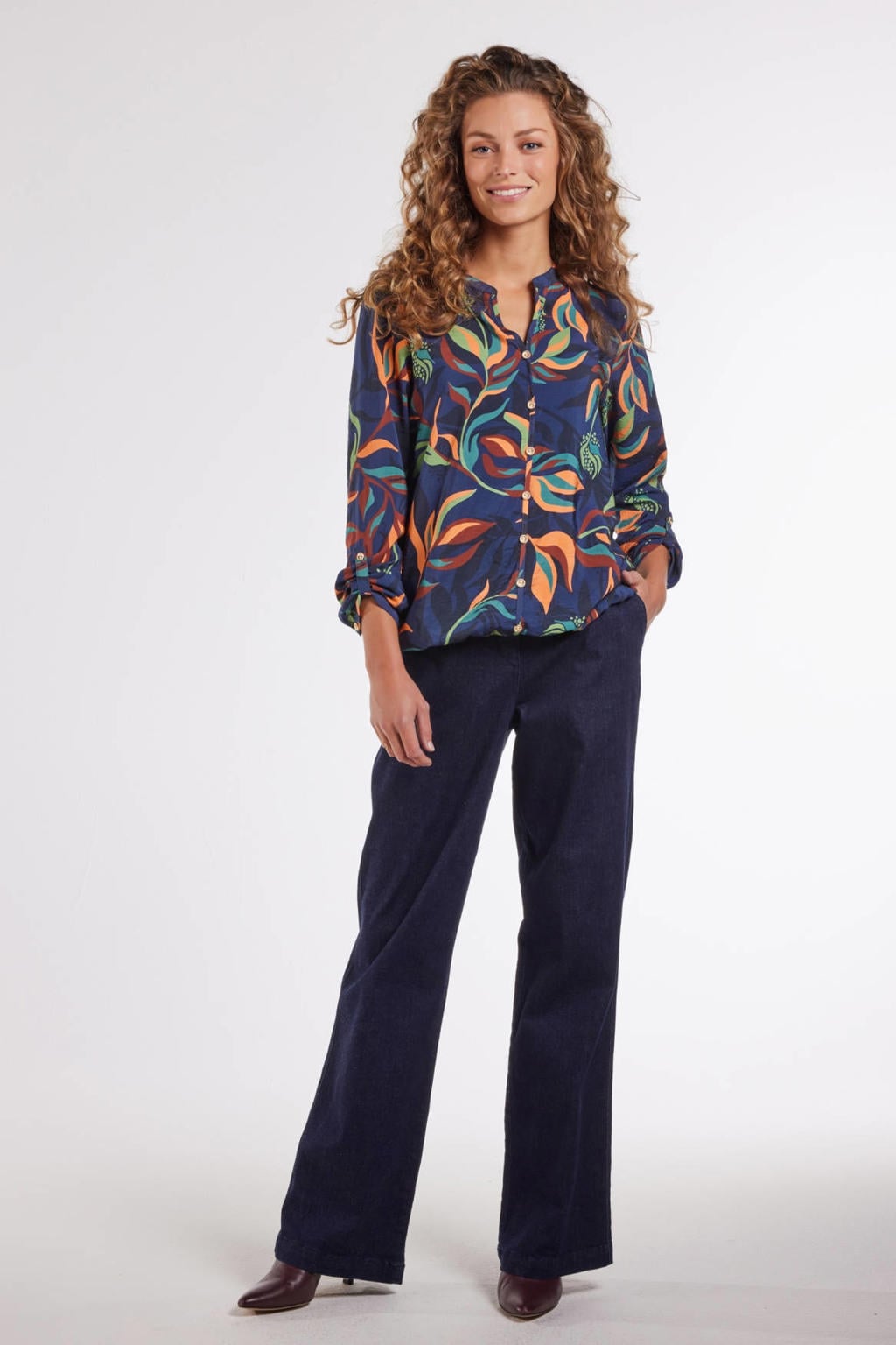 Blauw en multikleurige dames Didi blouse van viscose met lange mouwen, V-hals en knoopsluiting