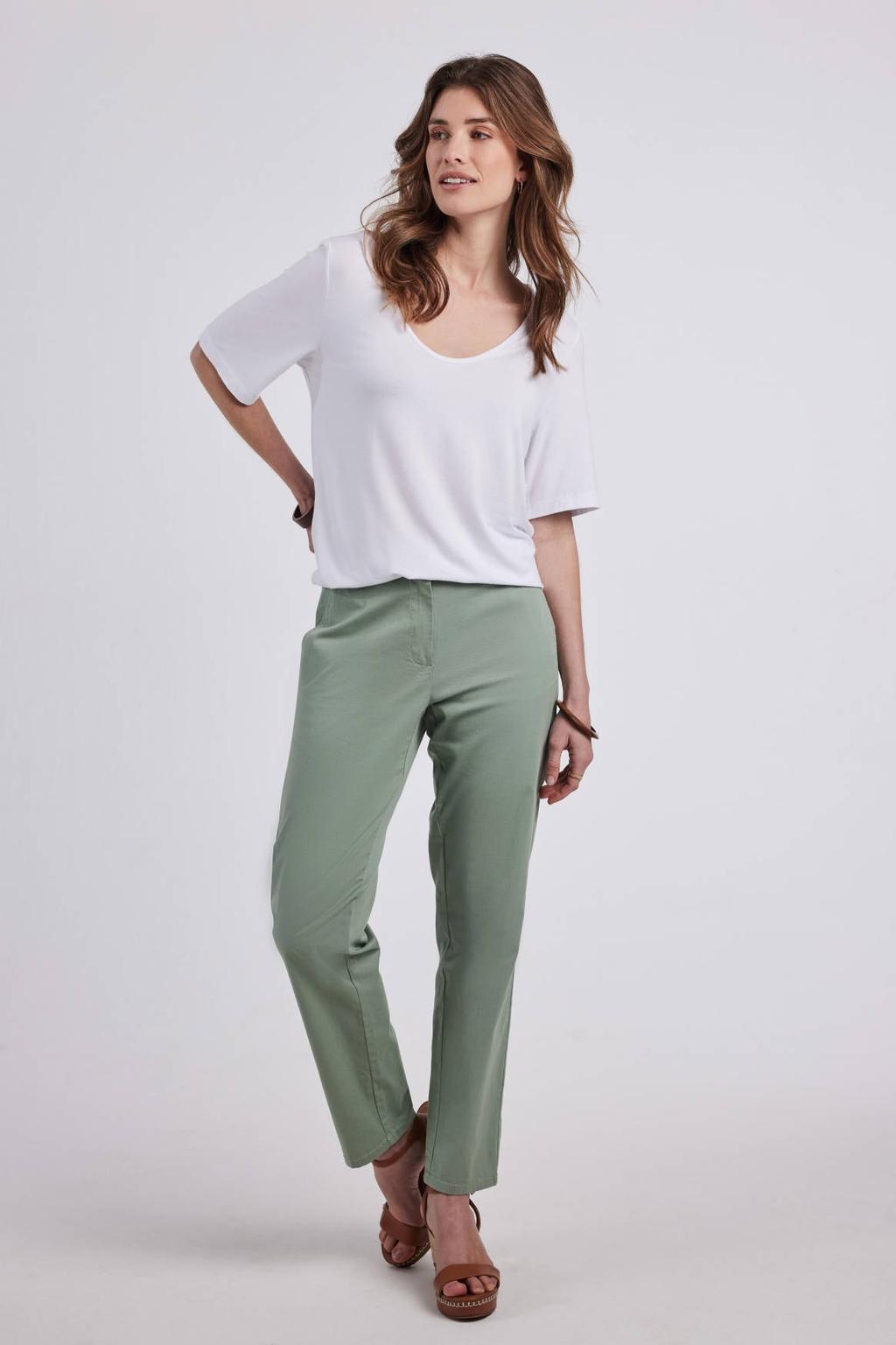 Groene dames Didi regular waist broek van katoen met loose fit, ritssluiting en effen