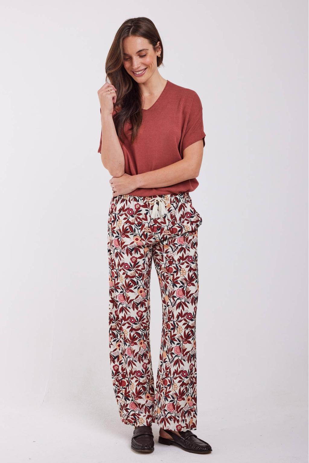 Multikleurige dames Didi wide leg regular waist gebloemde casual broek van rayon met elastische tailleband met koord