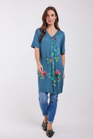 gebloemde korte jurk blauw
