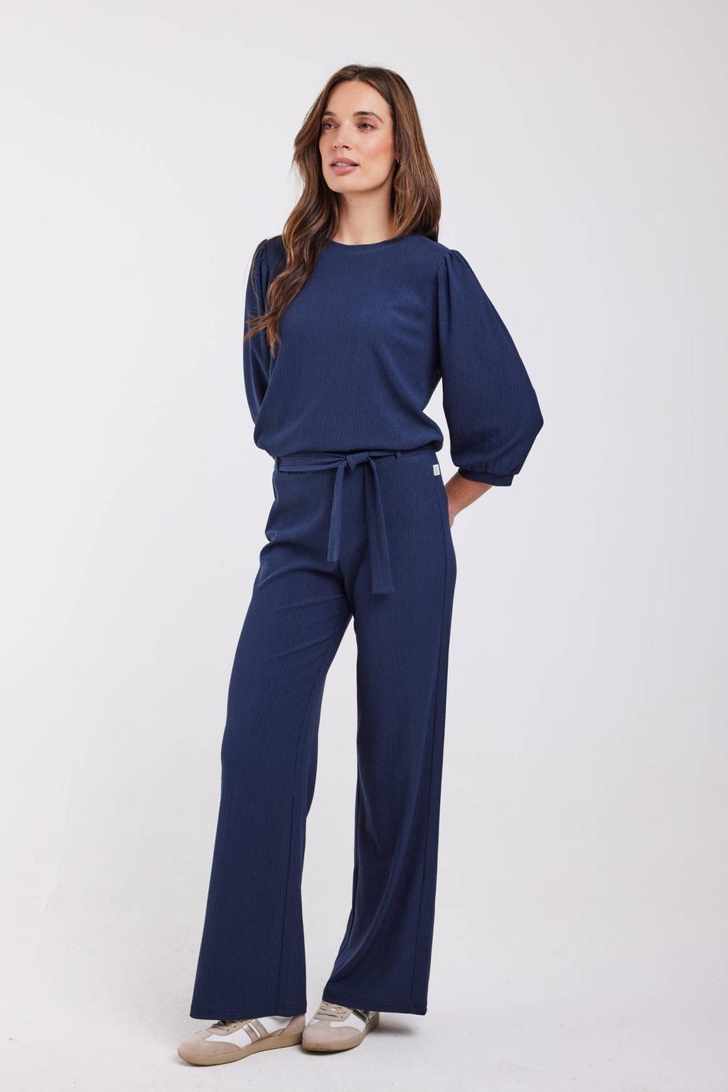 Donkerblauwe dames Didi top van polyester met effen, driekwart mouwen en ronde hals