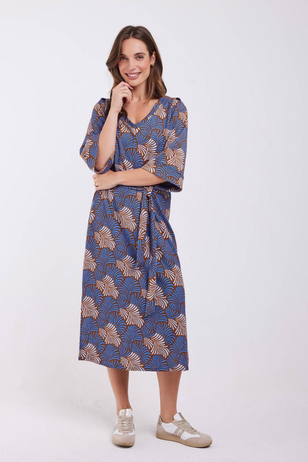 Blauw en bruine dames Didi midi jurk van polyester met grafische print, half lange mouwen en V-hals