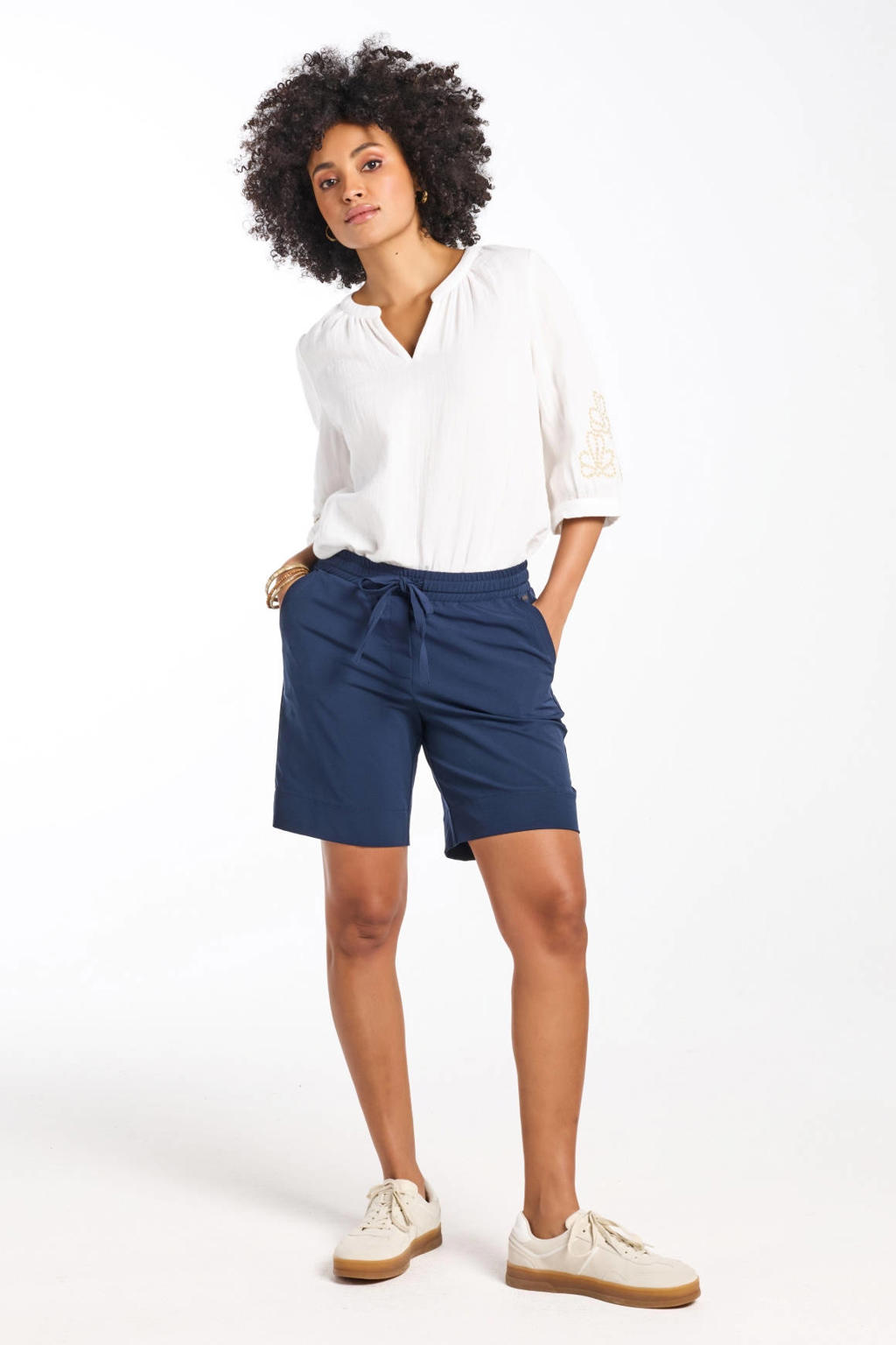 Donkerblauwe dames Didi travelstof regular waist bermuda short met loose fit, elastische tailleband met koord en effen
