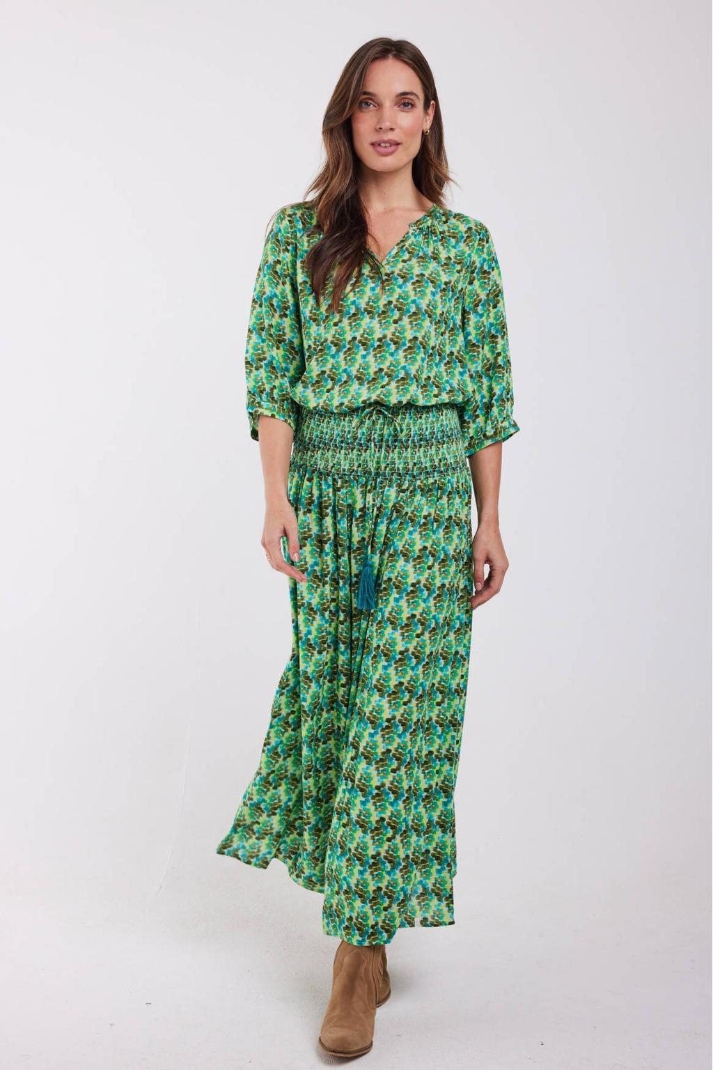 Groen en blauwe dames Didi top van rayon met grafische print, driekwart mouwen en V-hals
