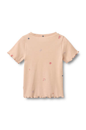 gebloemde T-shirt oranje rib gebreid