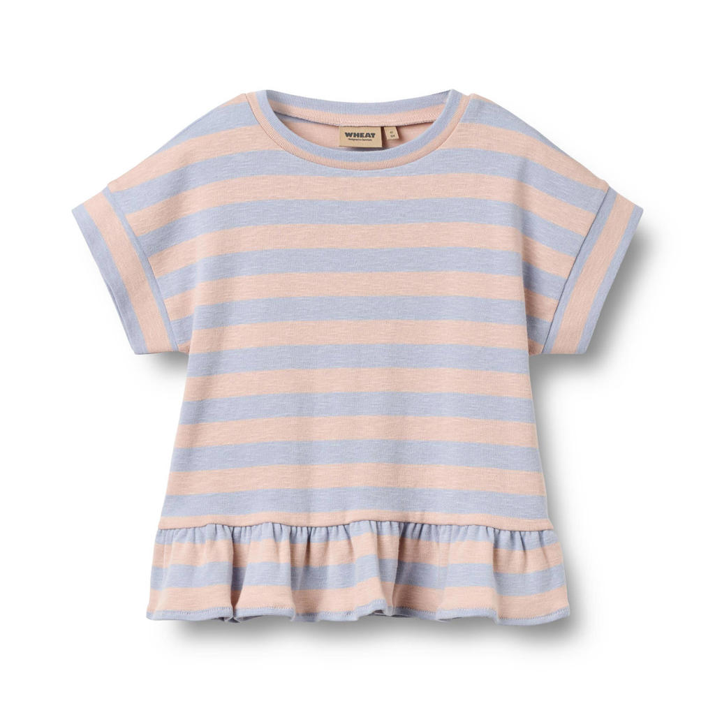 Lichtroze en lichtblauwe meisjes Wheat gestreepte T-shirt van katoen met korte mouwen en ronde hals