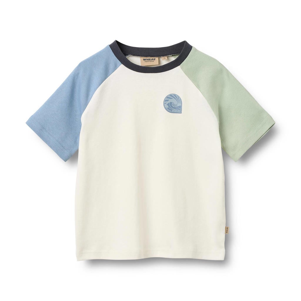 Ecru, lichtgroen en lichtblauwe jongens Wheat T-shirt van katoen met meerkleurige print, korte mouwen en ronde hals