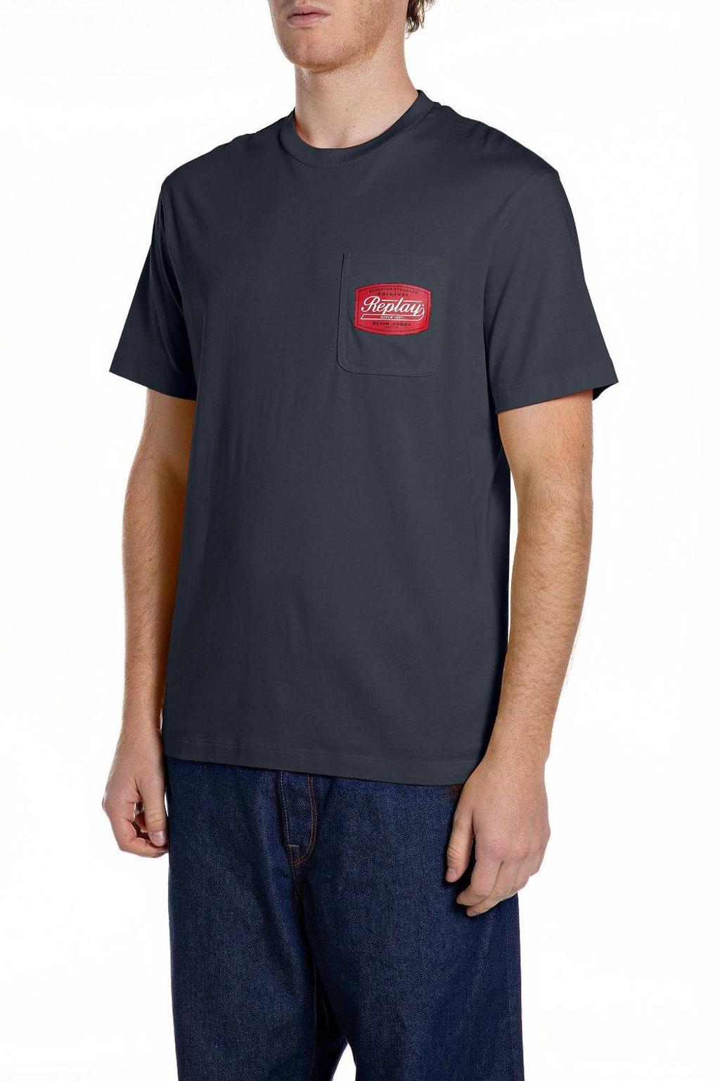 Donkerblauwe heren REPLAY regular T-shirt van katoen met logo dessin, korte mouwen en ronde hals