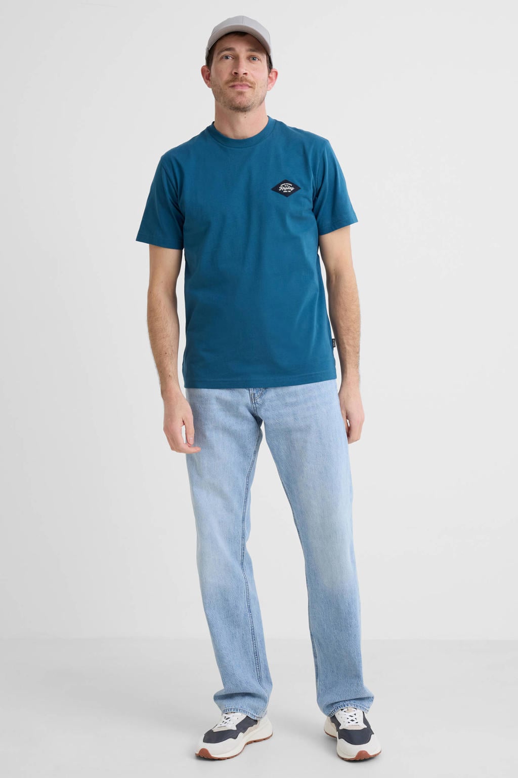 Blauwe heren REPLAY regular T-shirt van katoen met logo dessin, korte mouwen, ronde hals en patches