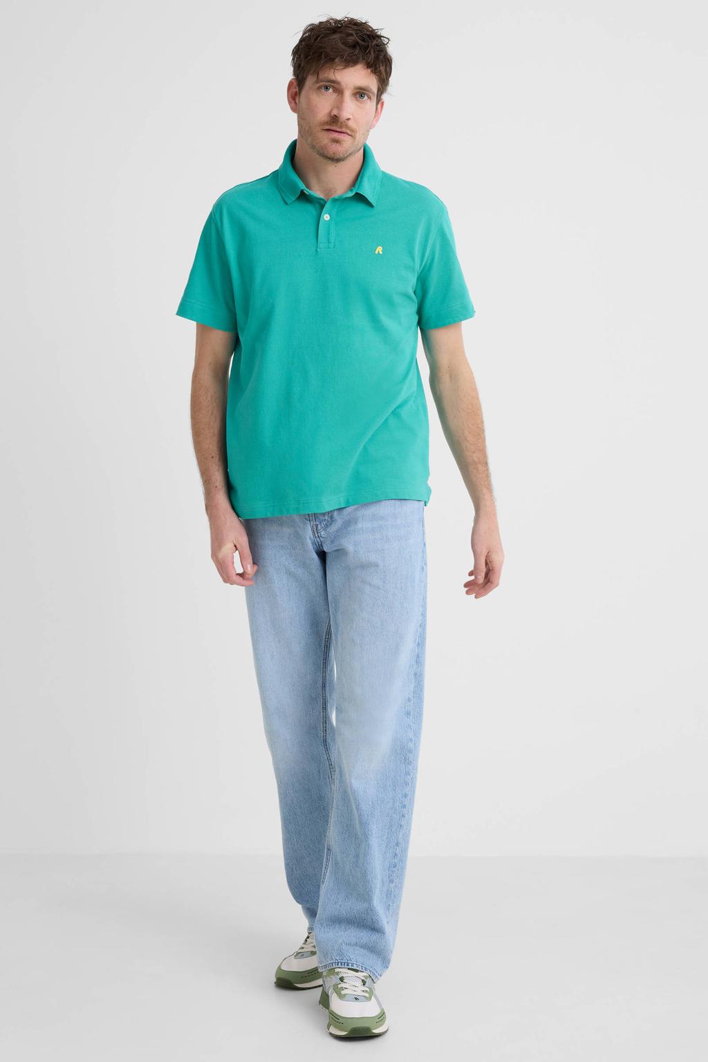 Turquoise heren REPLAY regular polo van stretchkatoen met effen, korte mouwen, knoopsluiting en pique