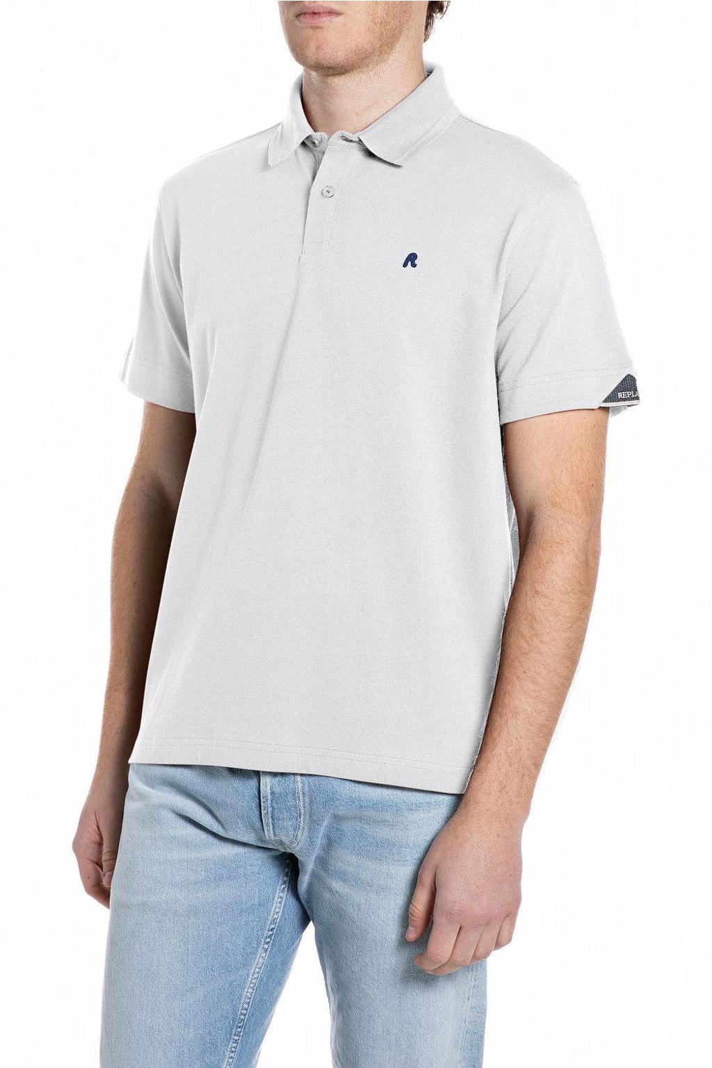 Witte heren REPLAY regular polo van stretchkatoen met effen, korte mouwen, knoopsluiting en pique