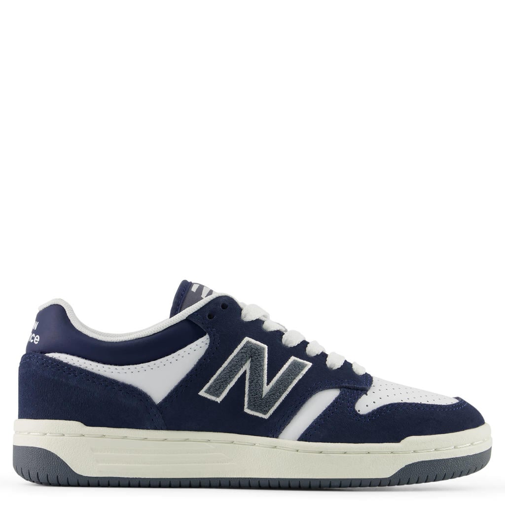 Donkerblauw en witte jongens en meisjes New Balance 480 suède sneakers met veters