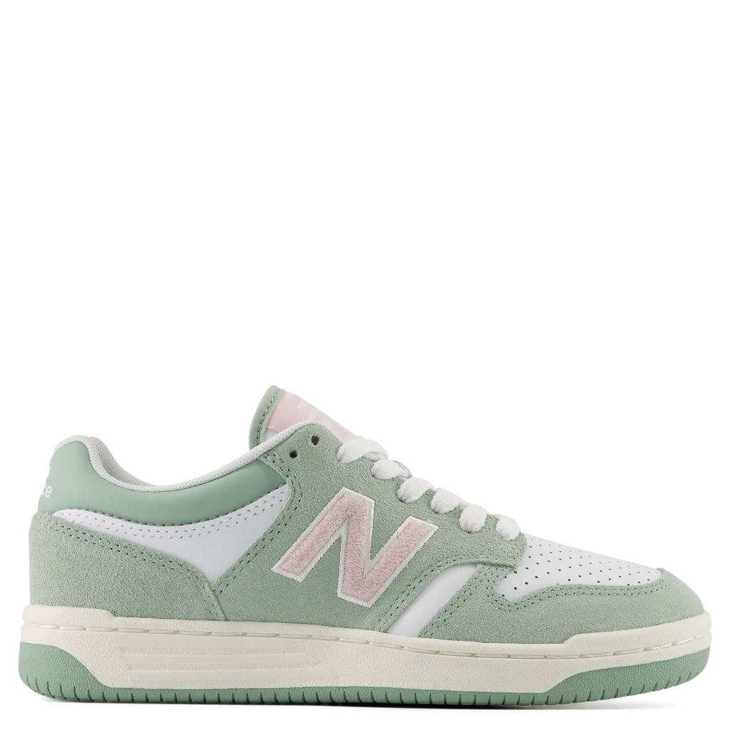 Mintgroen en witte jongens en meisjes New Balance 480 suède sneakers met veters