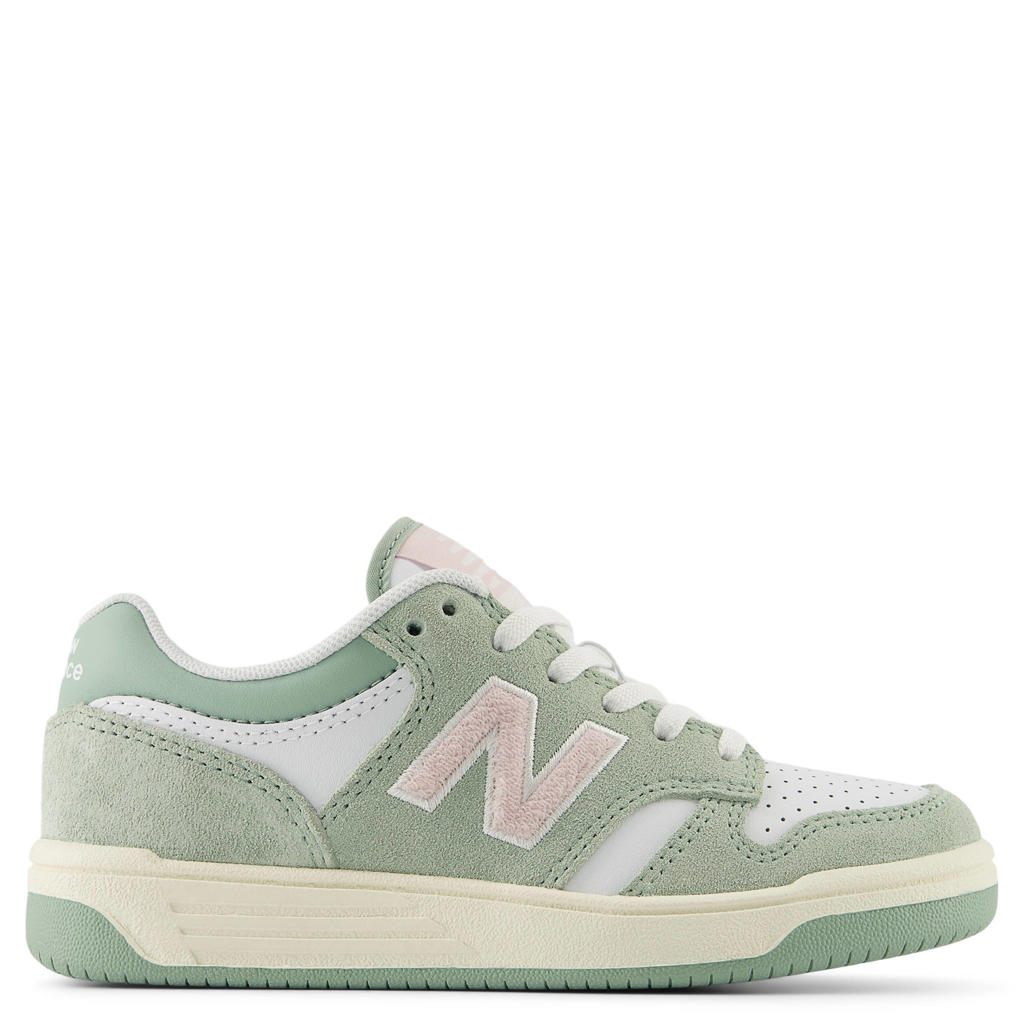 Mintgroen en witte jongens en meisjes New Balance 480 suède sneakers met veters
