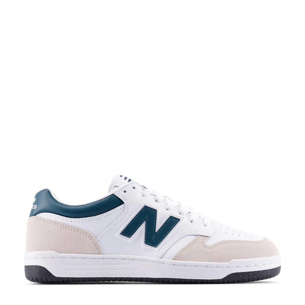 Wit en petrolkleurige unisex New Balance 480 sneakers van mesh gecombineerd met suede/voering: mesh met veters