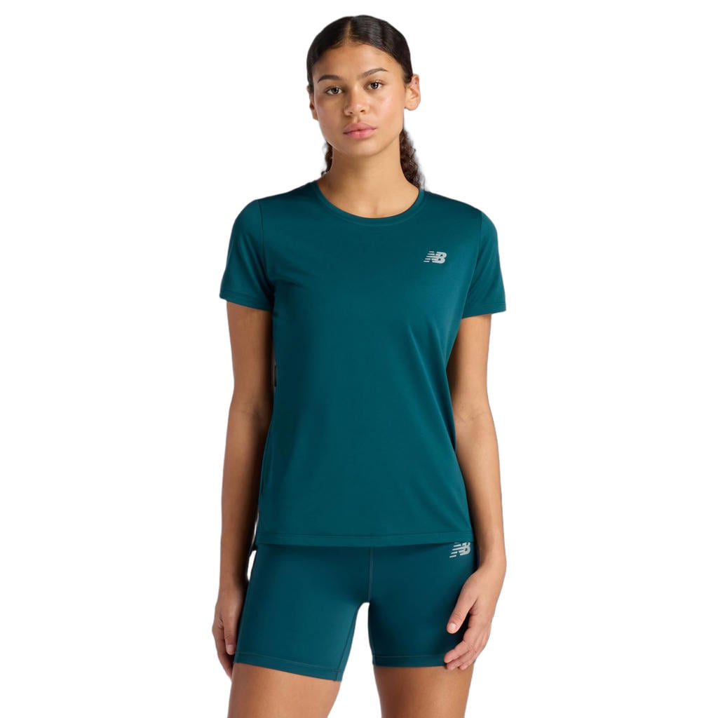 Petrolkleurige dames New Balance sportshirt van polyester met effen, korte mouwen en ronde hals
