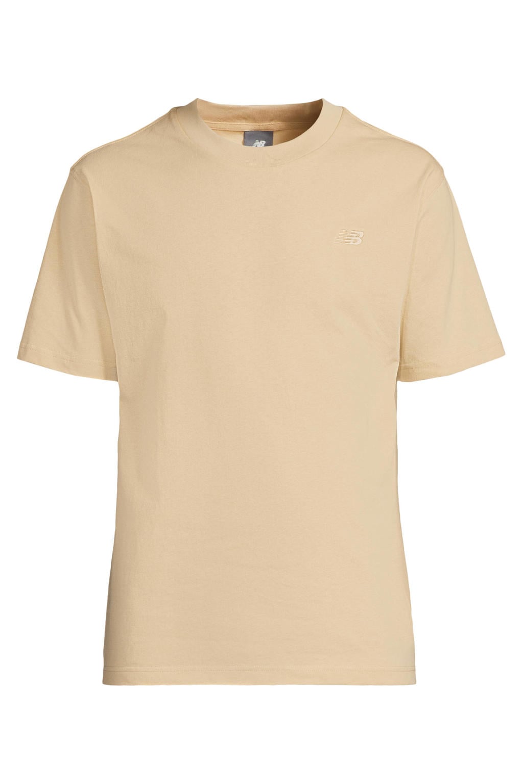 Zandkleurige heren New Balance regular T-shirt van katoen met effen, korte mouwen en ronde hals