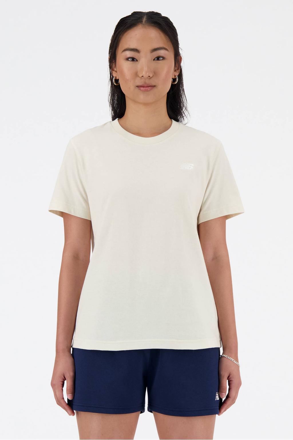 Ecru dames New Balance T-shirt van katoen met tekst print, korte mouwen en ronde hals